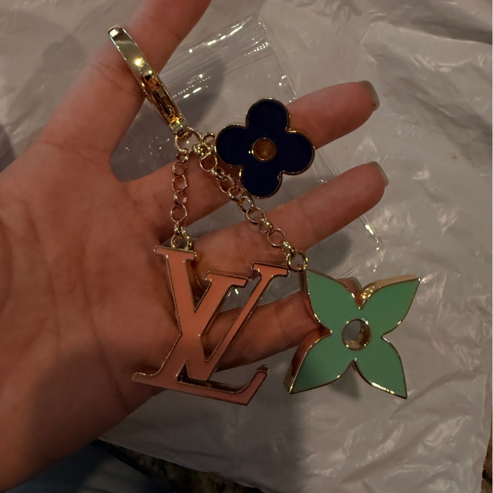 Luxury monogram Gold-Tone Key Charm with Pink, Mint & Navy Enamel